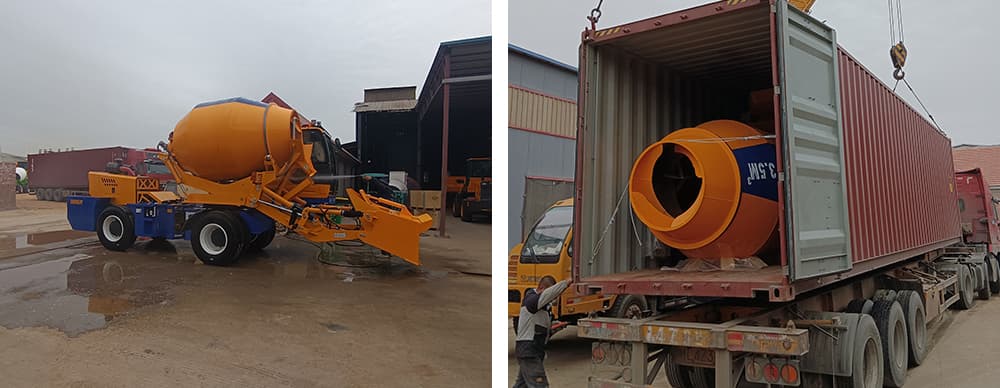 Self-loading concrete mixer in delivery